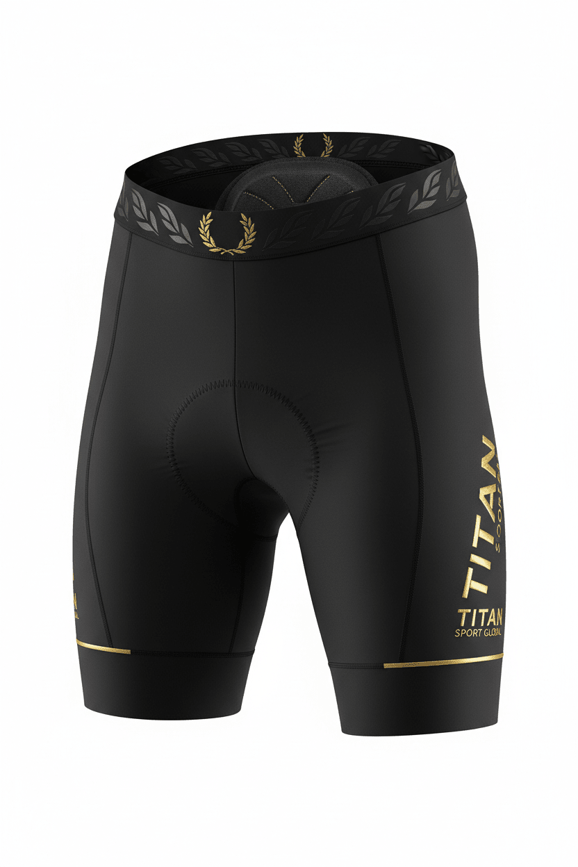 Black cycling shorts with gold Titan Sport Global branding, a laurel-patterned waistband, and reflective leg accents.