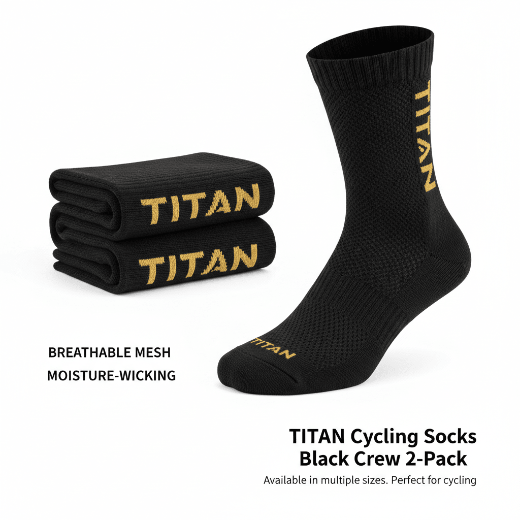 TITAN black crew cycling socks with gold text branding, featuring breathable mesh fabric, in a two-pack set.