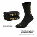 TITAN black crew cycling socks with gold text branding, featuring breathable mesh fabric, in a two-pack set.