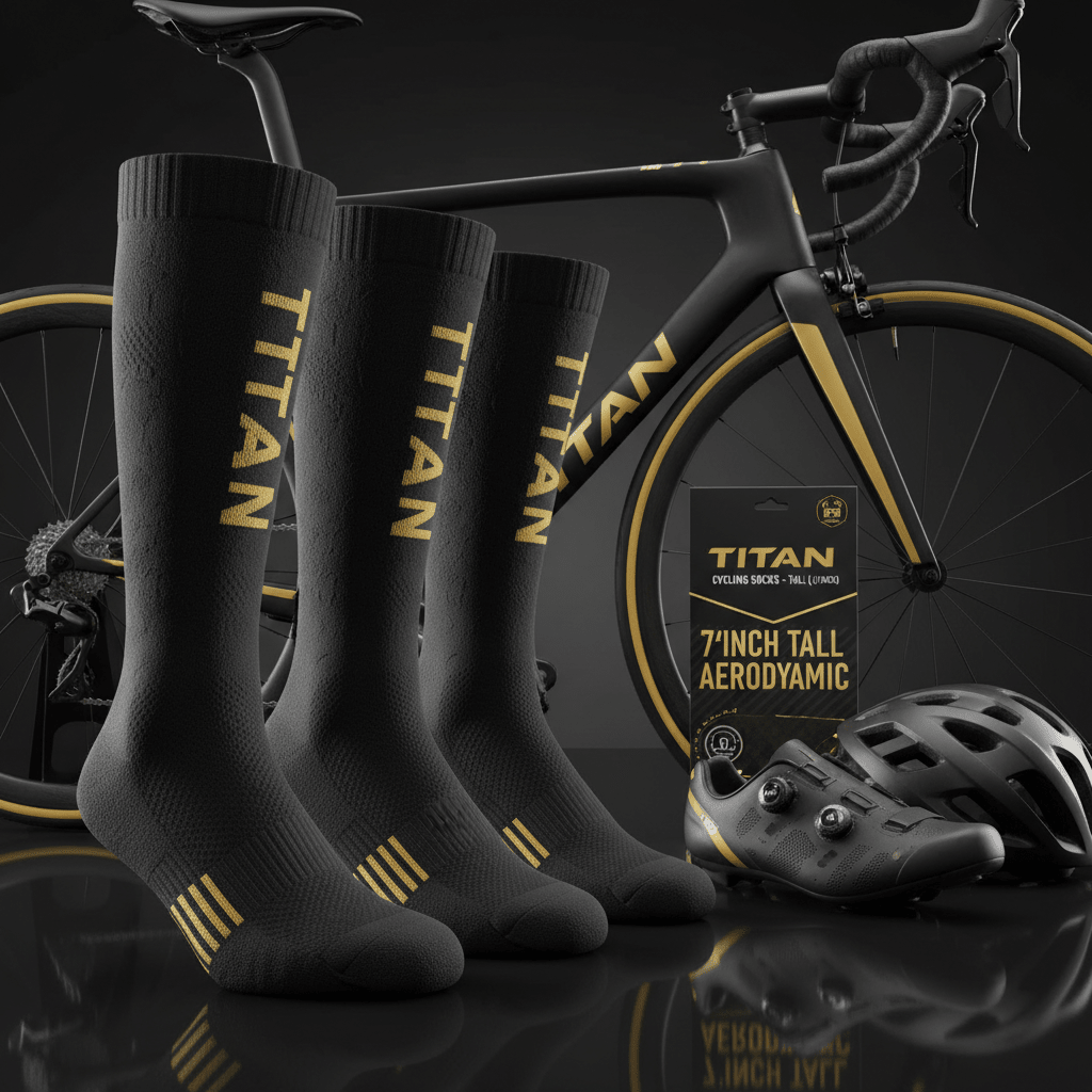 Three-pack of tall black cycling socks with gold TITAN branding and stripes, displayed with a bike, shoe, and helmet.