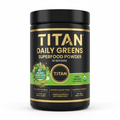 Black tub of TITAN Daily Greens Superfood Powder with gold text, green accents, and ingredient graphics.