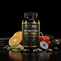 TITAN Men's Multivitamin bottle with gold text, surrounded by orange, bell pepper, ginger, weight, and blue capsules.