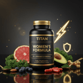 TITAN Women’s Multivitamin black bottle with gold cap, surrounded by grapefruit, avocado, greens, and red capsules.