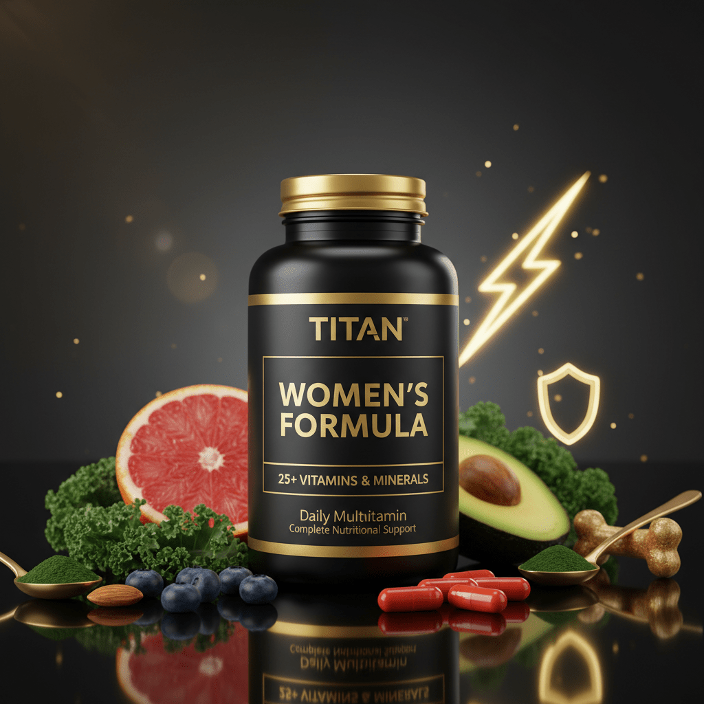 TITAN Women’s Multivitamin black bottle with gold cap, surrounded by grapefruit, avocado, greens, and red capsules.