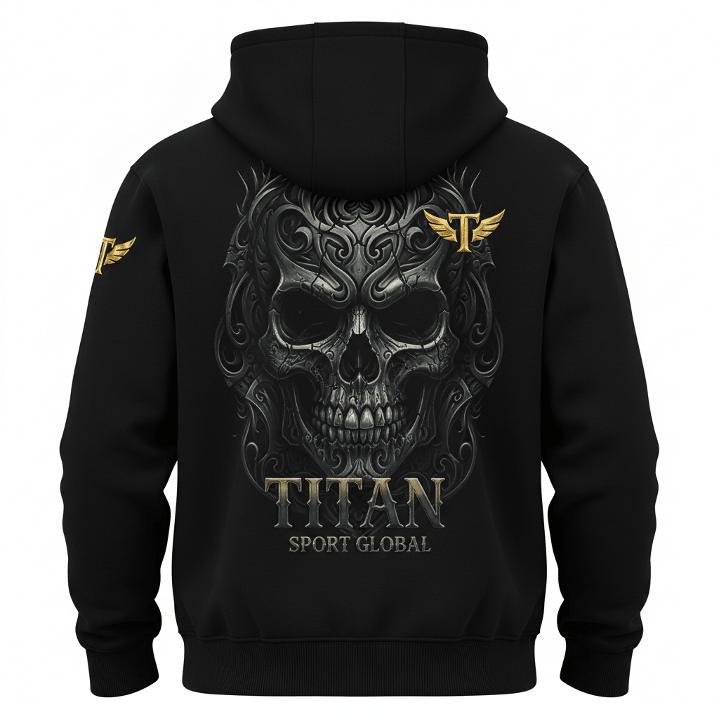 Black zip-up hoodie featuring a detailed grey gothic skull, gold Titan Sport Global logo, and winged T accents.