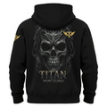 Black zip-up hoodie featuring a detailed grey gothic skull, gold Titan Sport Global logo, and winged T accents.