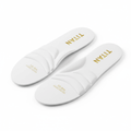 Pair of white Titan diabetic insoles with gold branding, contoured cushioning, and size label on white background.