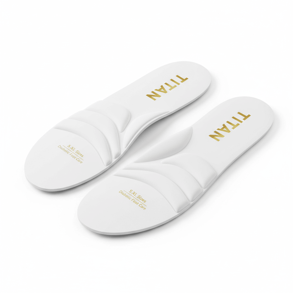 Pair of white Titan diabetic insoles with gold branding, contoured cushioning, and size label on white background.