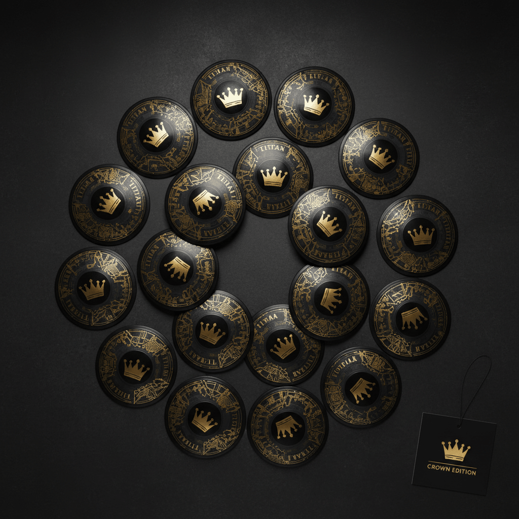 Twenty black flat disc cones with gold crown logos and intricate decorative patterns, arranged on a dark background.