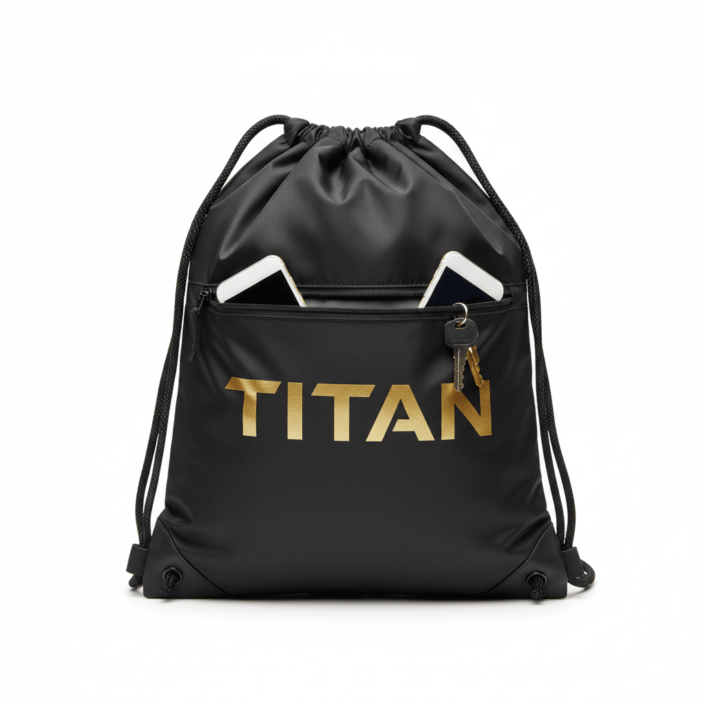 Black Titan drawstring sackpack with gold logo, front zippered pocket containing two phones and a keychain.