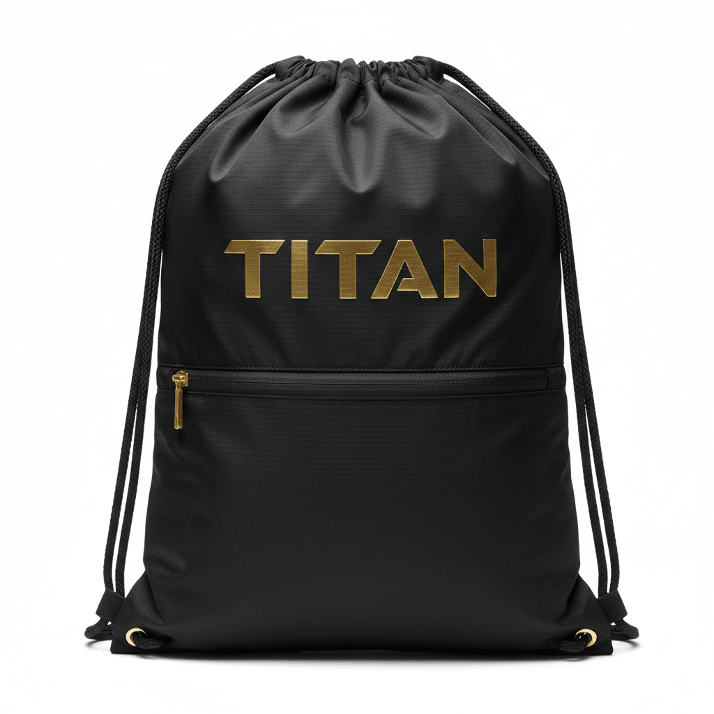 Black TITAN drawstring bag with gold logo, front zip pocket, gold hardware, and black rope straps.