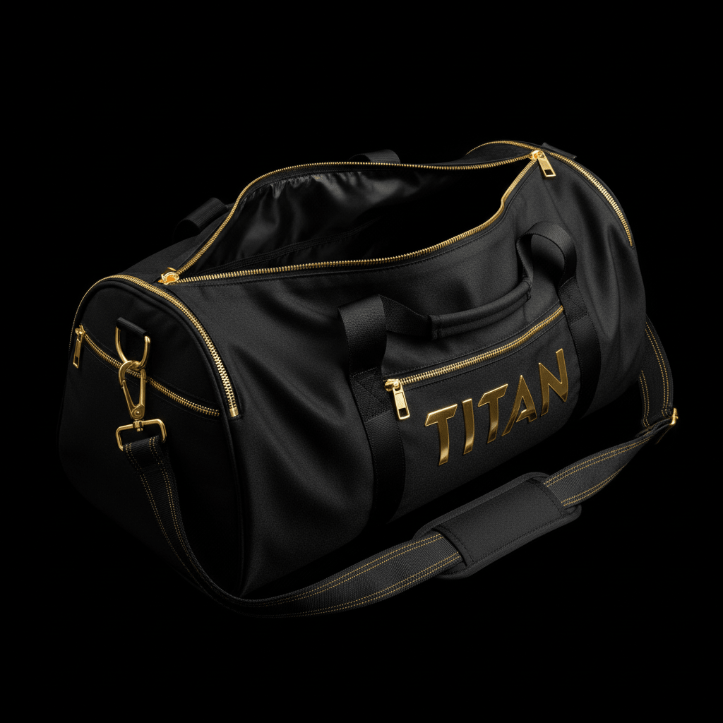 Black TITAN duffel bag with gold metallic logo, zippers, and hardware. Includes shoulder strap and side pockets.