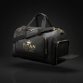Black 40L Titan Sport Global duffel bag with gold zippers, hardware, and crown logo branding on a black background.