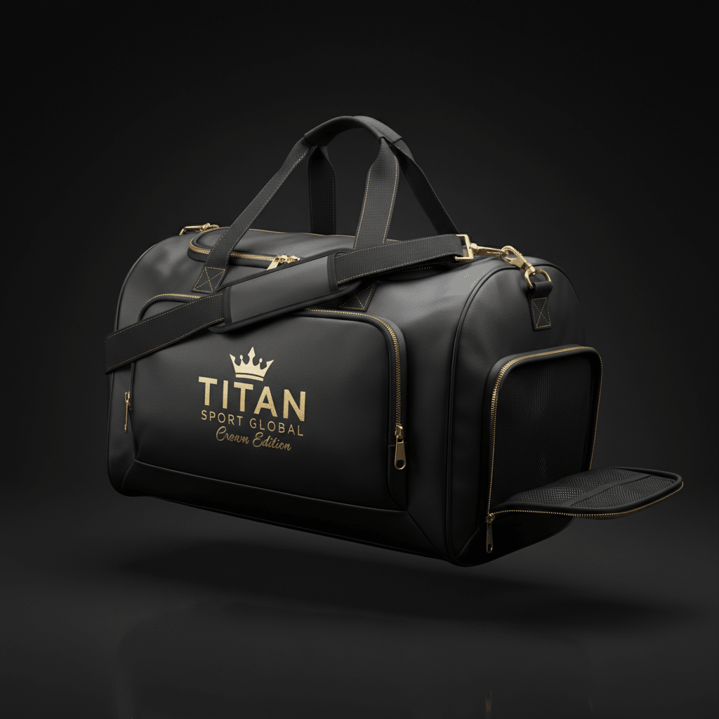 Black 40L Titan Sport Global duffel bag with gold zippers, hardware, and crown logo branding on a black background.