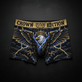 Black boxer briefs featuring a crowned eagle, blue lightning, and gold clouds with a branded gold "Crown Edition" waist.