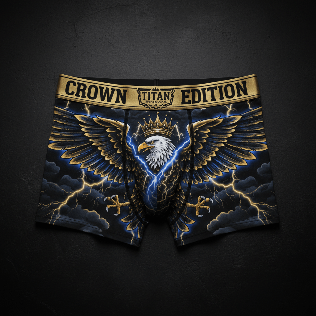 Black boxer briefs featuring a crowned eagle, blue lightning, and gold clouds with a branded gold "Crown Edition" waist.