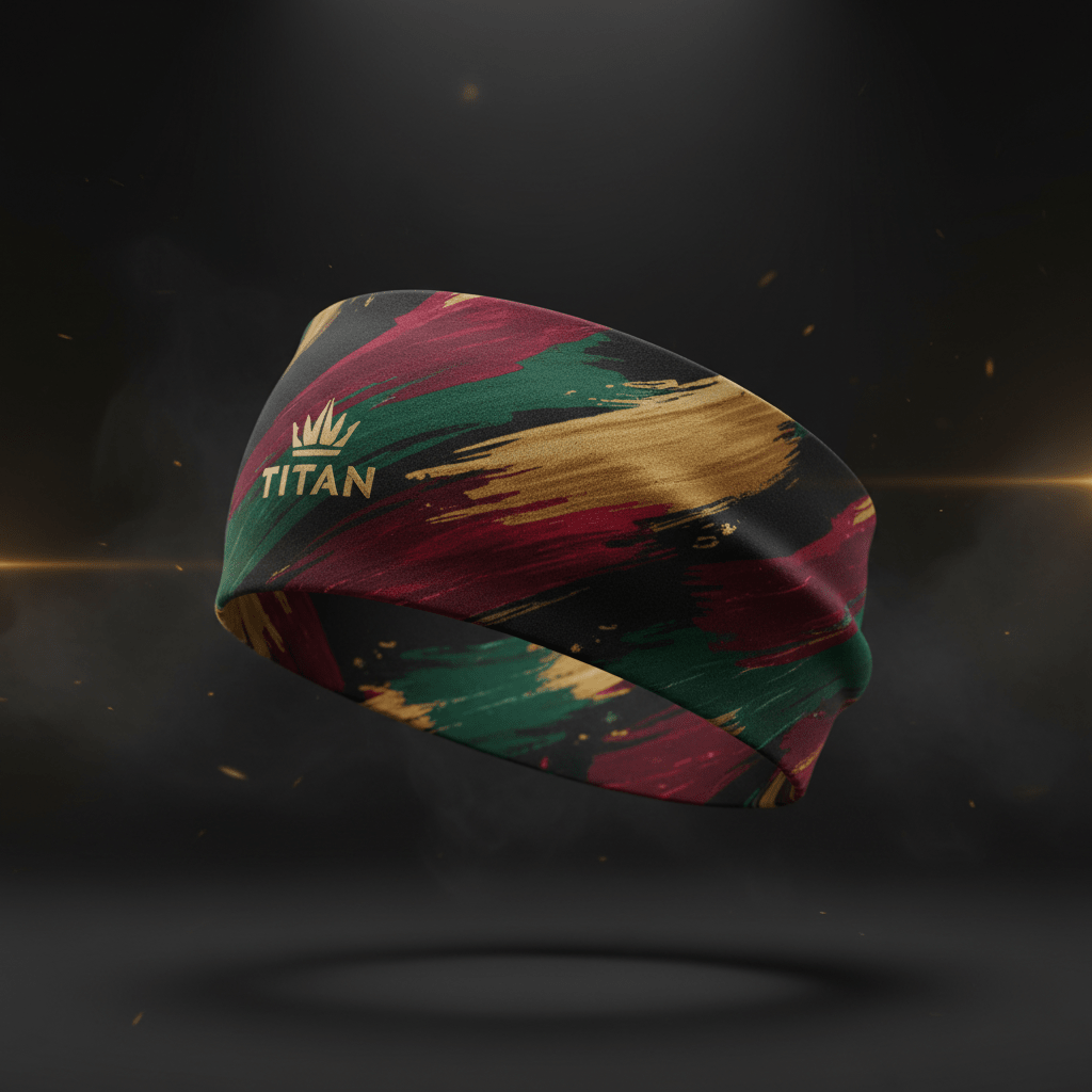 TITAN ear warmer headband with red, green, and gold brushstroke pattern and gold logo on a dark, smoky background.