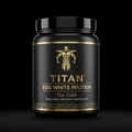 Black tub of TITAN Egg White Protein with gold logo, text, and geometric border on a black background.