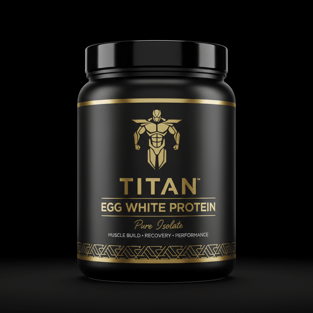 Black tub of TITAN Egg White Protein with gold logo, text, and geometric border on a black background.