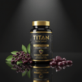 TITAN Elderberry Gummies bottle with gold cap, black label, fresh elderberries, and gummies on a reflective surface.