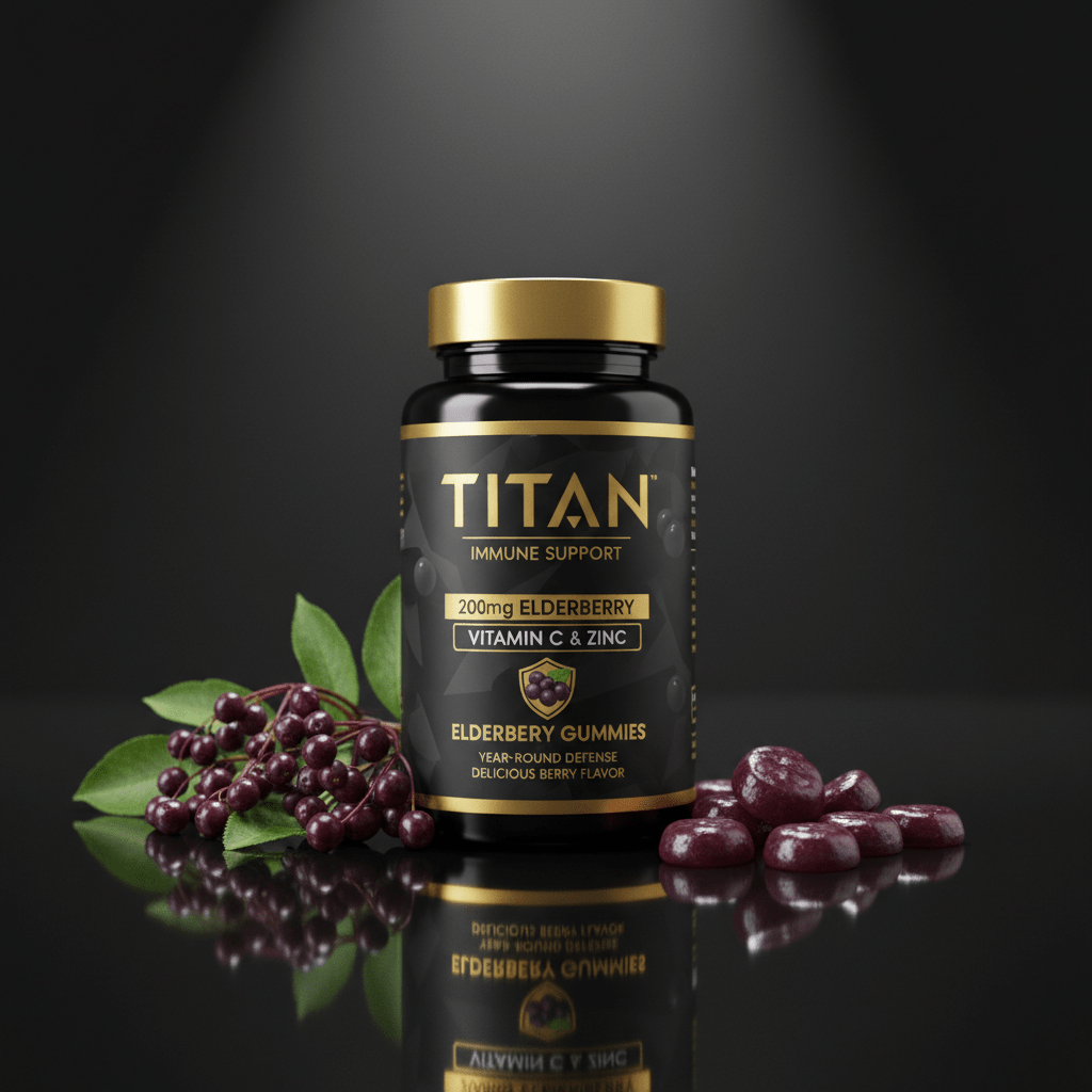 TITAN Elderberry Gummies bottle with gold cap, black label, fresh elderberries, and gummies on a reflective surface.