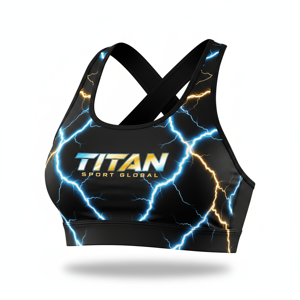 Black sports bra with blue and gold lightning pattern, featuring a centered TITAN Sport Global logo and X-back straps.
