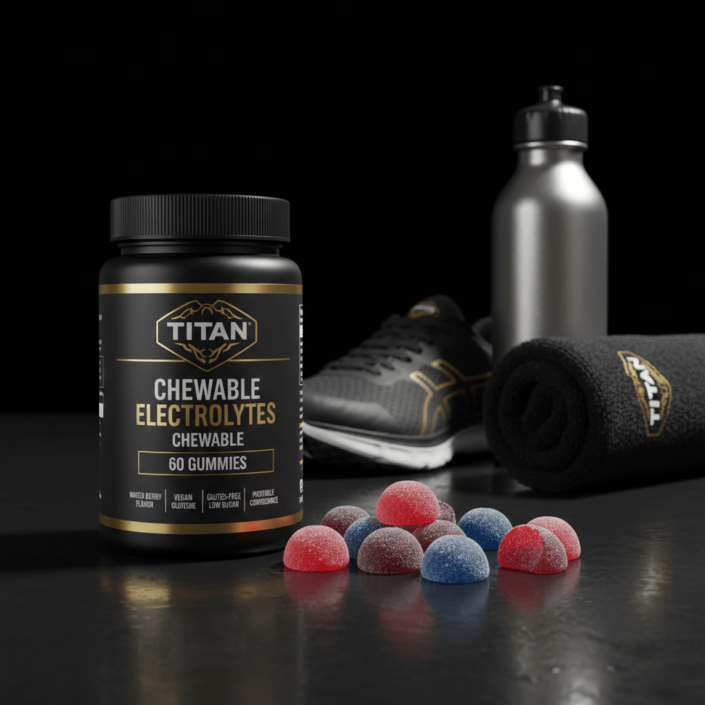 TITAN electrolyte gummies bottle, gym shoe, water bottle, and black towel on a dark surface with red and blue gummies.