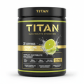 Black tub of TITAN Lemon Lime Electrolyte Hydration with gold logo, lime splash graphic, and nutritional highlights.