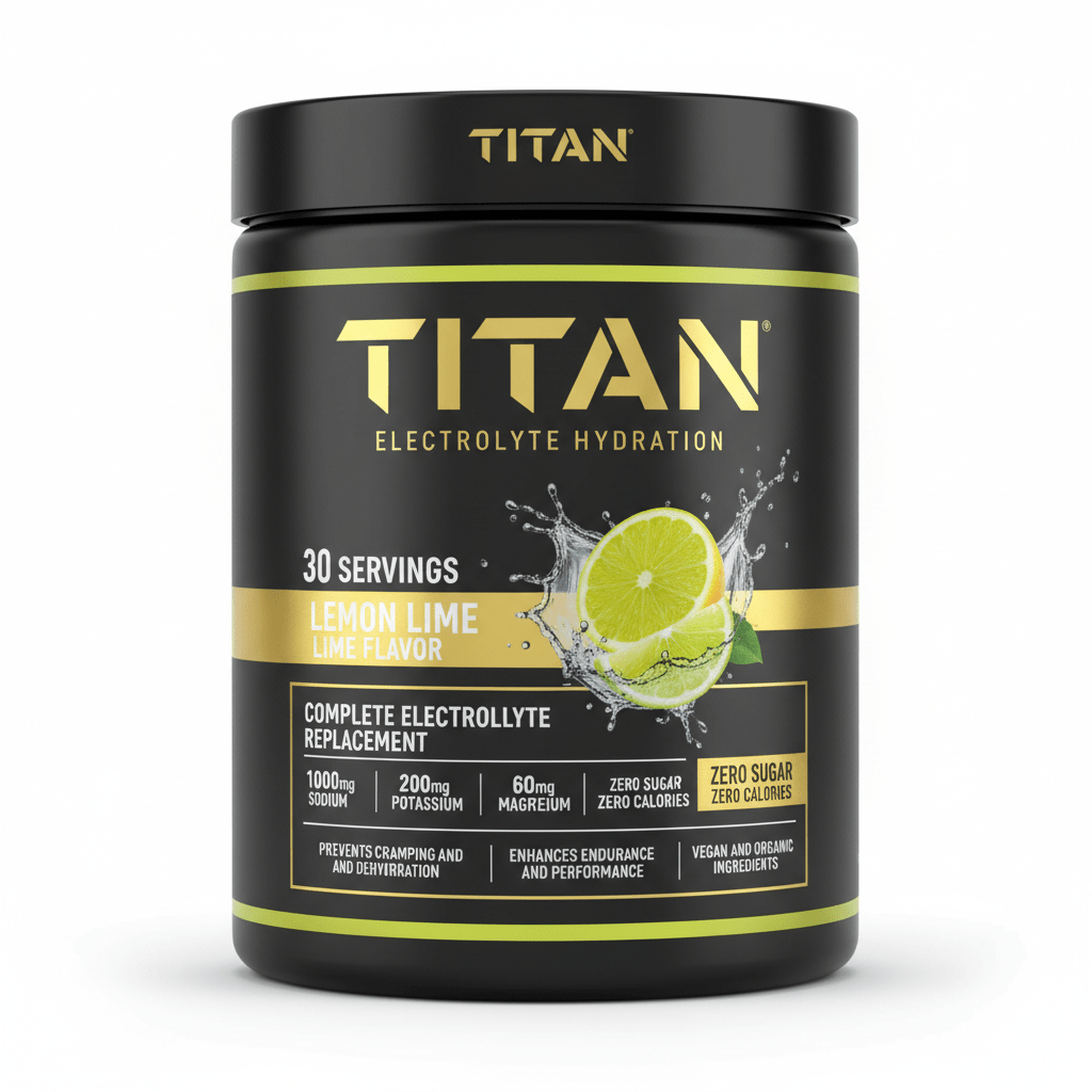 Black tub of TITAN Lemon Lime Electrolyte Hydration with gold logo, lime splash graphic, and nutritional highlights.