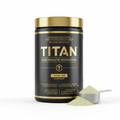 Black tub of TITAN Electrolyte Hydration in Lemon Lime with gold lid and text, plus a scoop of pale green powder.