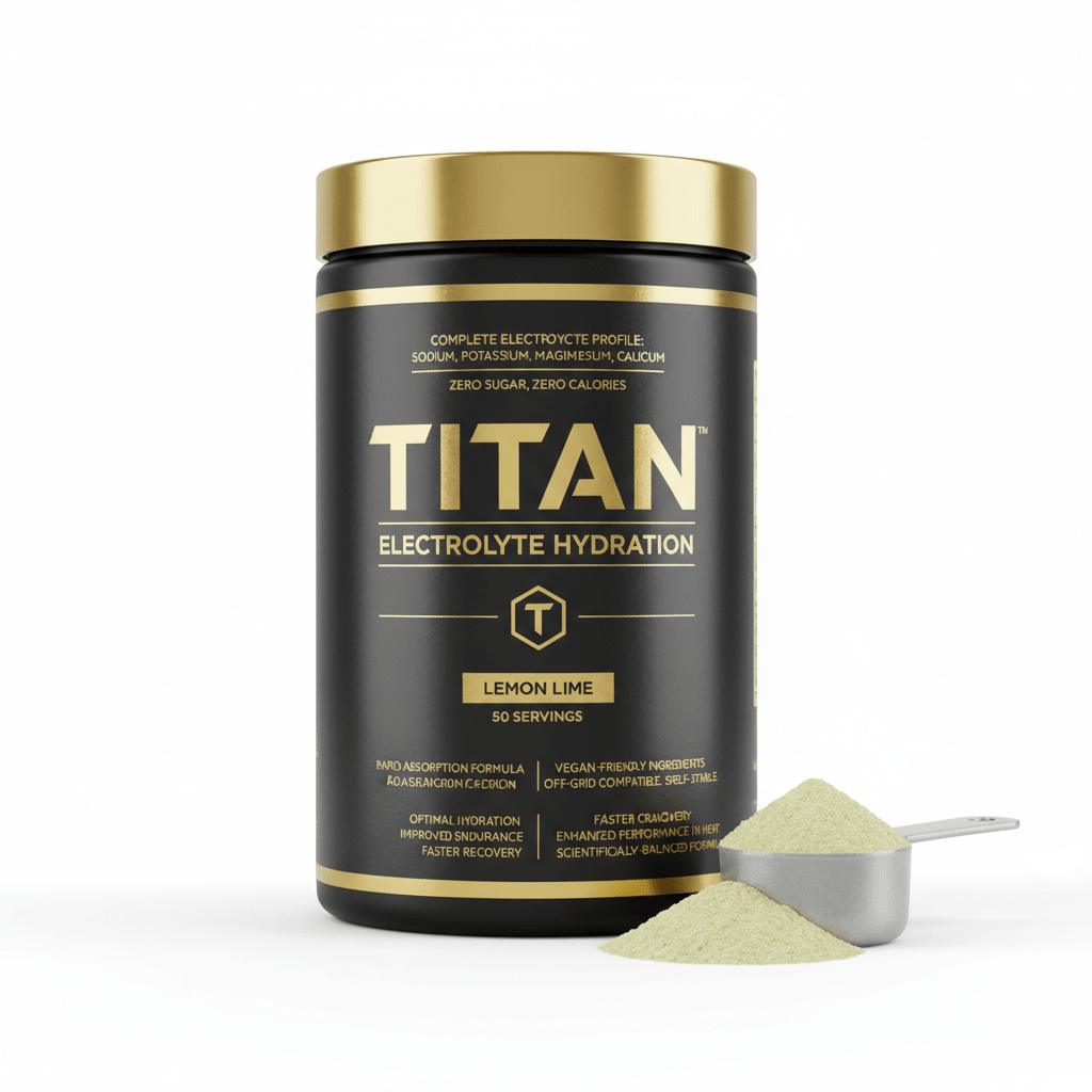 Black tub of TITAN Electrolyte Hydration in Lemon Lime with gold lid and text, plus a scoop of pale green powder.