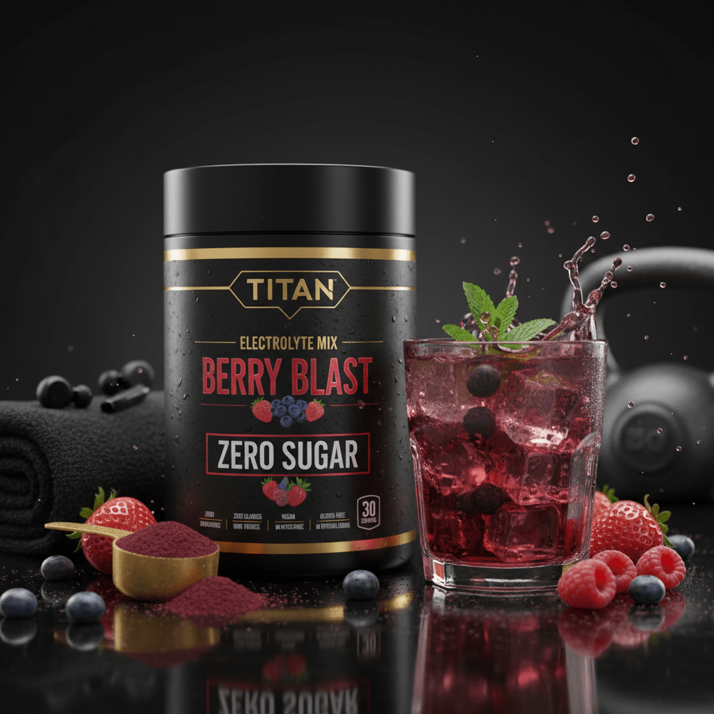 TITAN Berry Blast electrolyte powder tub beside a splashing glass of purple drink, berries, and a kettlebell.