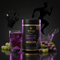 TITAN Grape Electrolyte Mix canister, 30 servings, beside a purple drink and grapes against a dark athletic background.