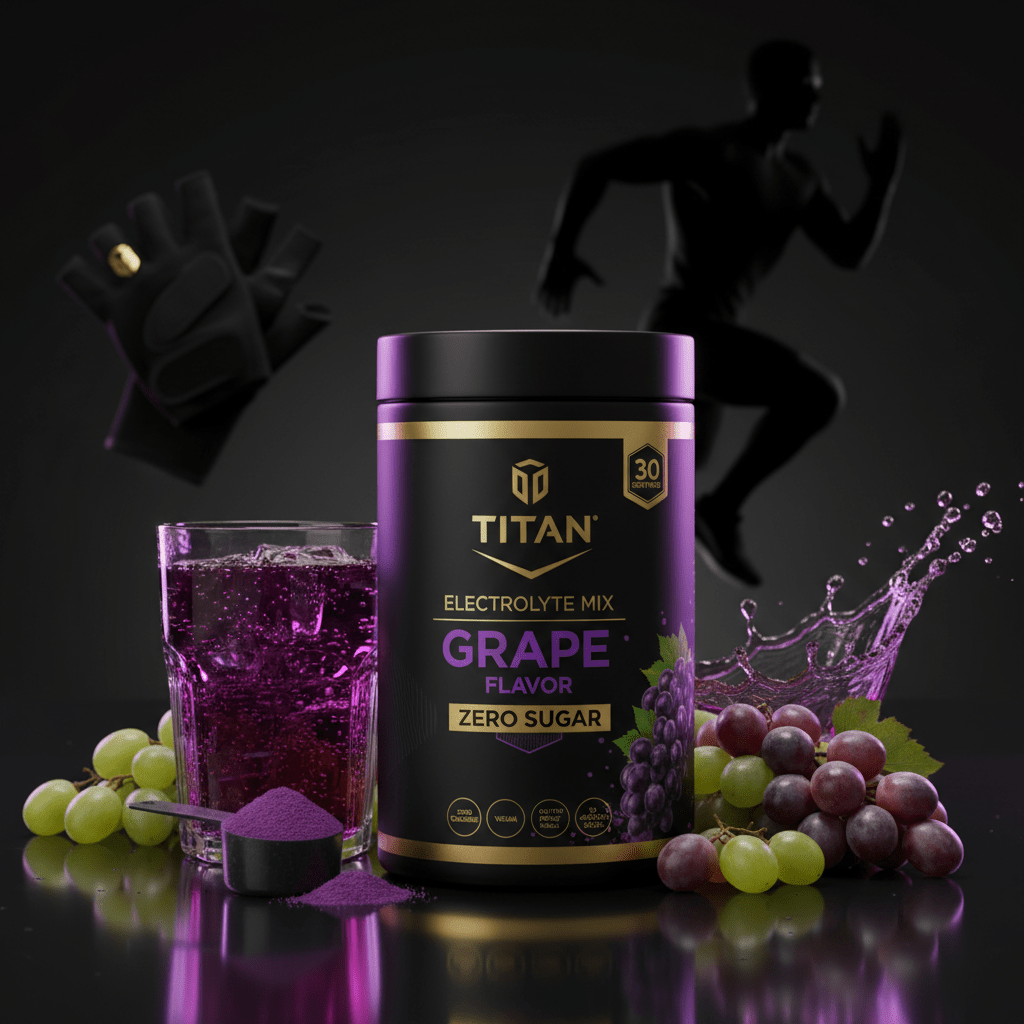TITAN Grape Electrolyte Mix canister, 30 servings, beside a purple drink and grapes against a dark athletic background.