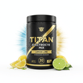 Black jar of TITAN Lemon Lime Electrolyte Mix with gold branding, water droplets, and fresh citrus fruit on white.