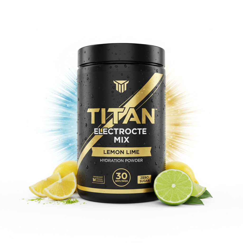 Black jar of TITAN Lemon Lime Electrolyte Mix with gold branding, water droplets, and fresh citrus fruit on white.