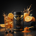 Black Titan Electrolyte Mix tub with gold branding, orange slice, icy splash, orange powder scoop, on black surface.