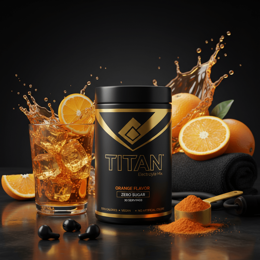 Black Titan Electrolyte Mix tub with gold branding, orange slice, icy splash, orange powder scoop, on black surface.