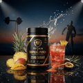 TITAN Tropical Punch electrolyte mix tub with gold lion logo, fresh tropical fruits, and splash, on a reflective stage.