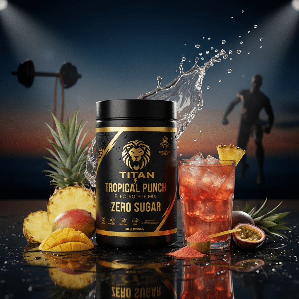 TITAN Tropical Punch electrolyte mix tub with gold lion logo, fresh tropical fruits, and splash, on a reflective stage.