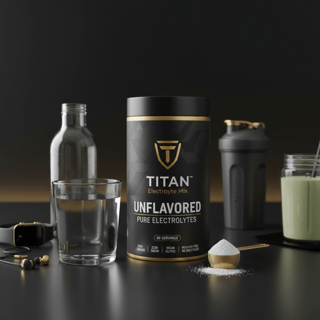 TITAN Unflavored Electrolyte Mix canister in black and gold with a golden scoop of white powder on a dark table.