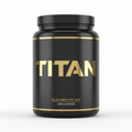 Black container with a black lid, featuring gold "TITAN" branding, "ELECTROLYTE MIX" text, and gold trim lines.
