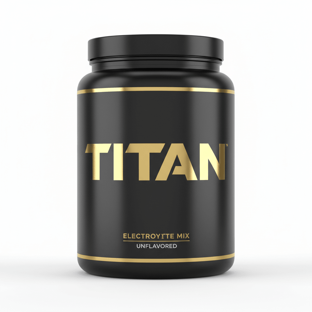 Black container with a black lid, featuring gold "TITAN" branding, "ELECTROLYTE MIX" text, and gold trim lines.