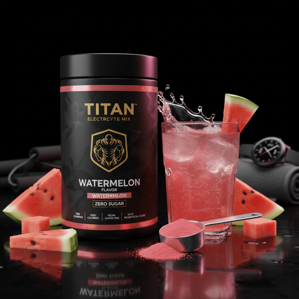 Black TITAN watermelon electrolyte mix tub, pink drink in glass with splash, watermelon slices, and powder scoop.