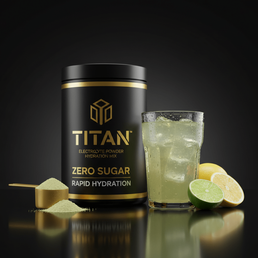Black and gold TITAN electrolyte powder tub with scoop, glass of citrus hydration mix, and fresh lime and lemon.