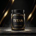 Black TITAN electrolyte powder jar with gold accents on a dark stone surface with spilled granules and gold light.