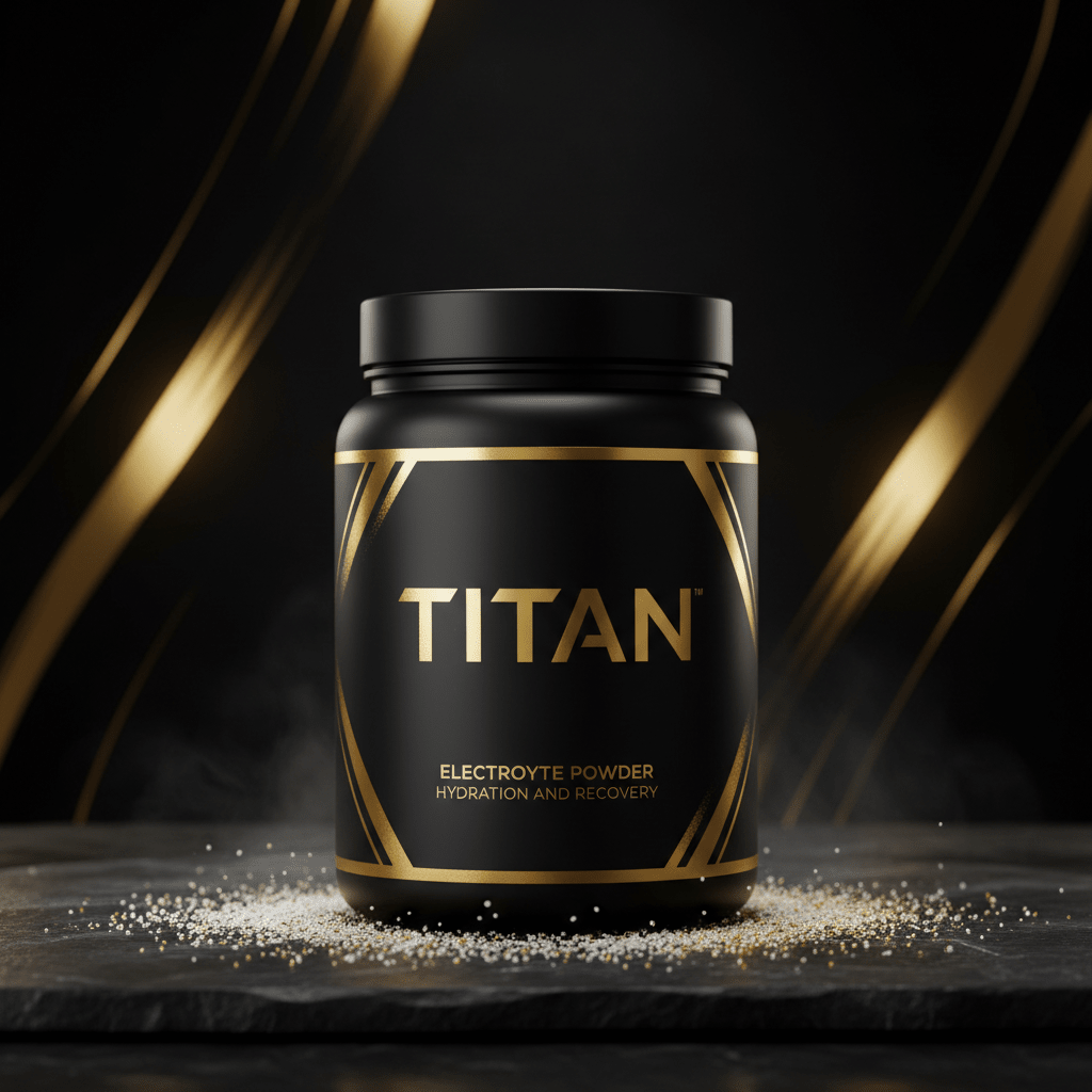 Black TITAN electrolyte powder jar with gold accents on a dark stone surface with spilled granules and gold light.