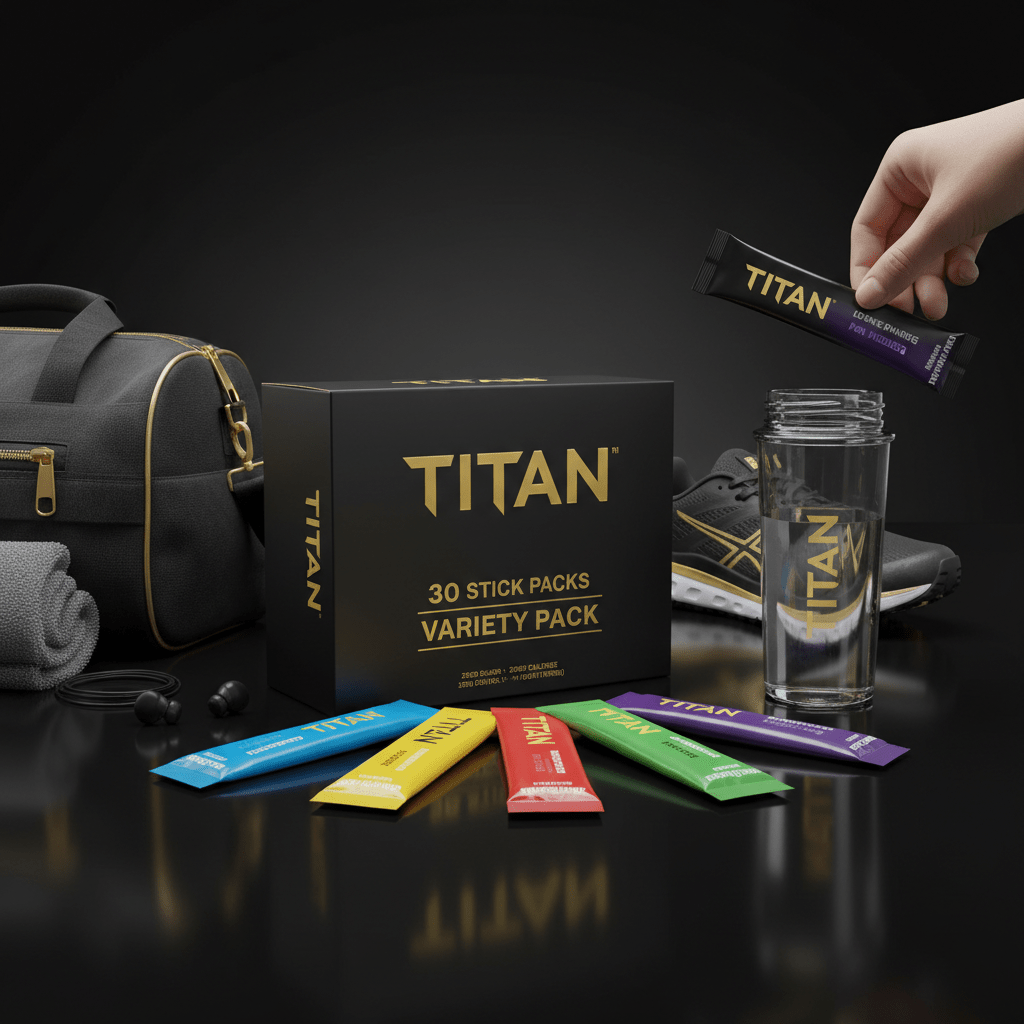 TITAN 30-pack variety box with colorful electrolyte stick packs, water bottle, gym bag, and athletic gear on black.