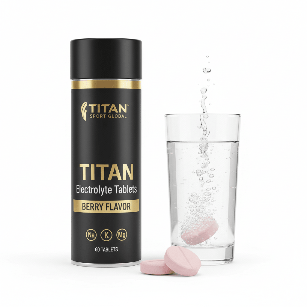 Black and gold tube of TITAN berry electrolyte tablets next to a glass of water with a dissolving pink tablet.