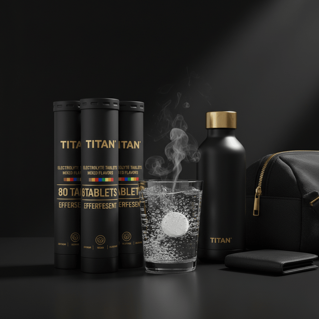 Three black TITAN electrolyte tablet tubes, a glass with a fizzing tablet, and a black water bottle on dark surface.